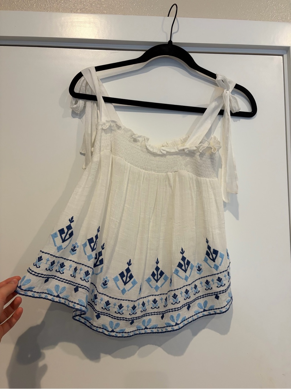 Blu Pepper Blue and White Tie-Shoulder Embroidered Camisole